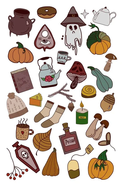 Adesivi Divertenti Cartoni Animati Halloween Zucca Strega Calderone Fantasma Fungo — Vettoriale Stock
