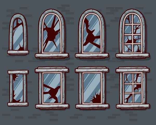 Карикатурные Окна Стеклом Рамке Кирпичной Стене Элементы Фасада Наружной Отделки — стоковый вектор