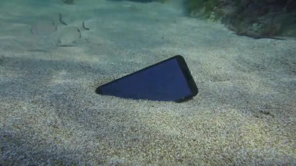 Загублений смартфон на піщаному дні, на задньому плані морська лампочка риба . — стокове відео
