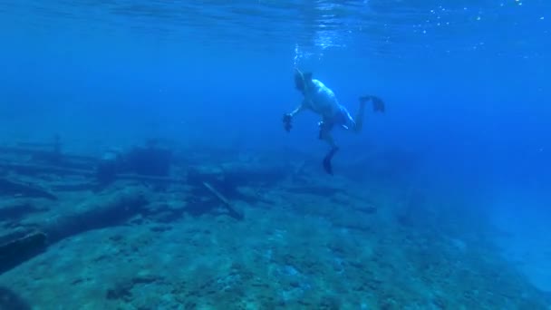 在一个旧码头的废墟附近，一个带着相机的自由潜水员潜入，并在底部展示一些东西. — 图库视频影像