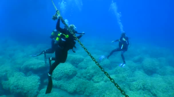 Trénink potápění: dívka instruktor provádí první potápění s párem studentů. — Stock video