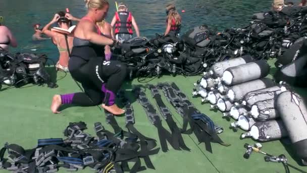 Diving Center Staff Lays Out Equipment Platform Which Dives Made — Stock Video