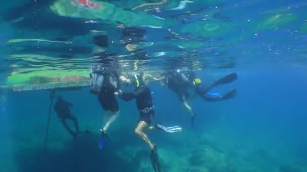Diving Training Group Divers Completes Dive Floating Platform Staff Helps — Stockvideo