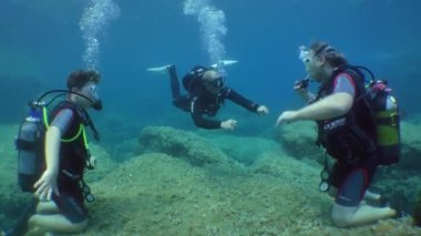 Diving training: the diving instructor conducts practical exercises at the bottom with a family group of students (father and son).