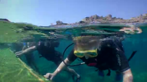 Diving Training Group Student Divers Perform Exercises Edge Floating Platform — Video