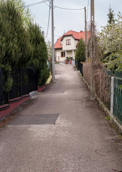 Street private sector in the spring. Street with small beautiful houses and landscaping, landscaping in Europe