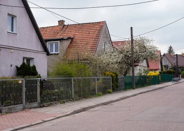 Street private sector in the spring. Street with small beautiful houses and landscaping, landscaping in Europe