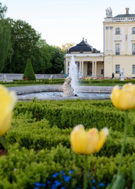 Baharda günbatımında Branicki Sarayı 'nın bahçelerine çiçek tarlaları, boxwood labirentleri, çeşmeler ve heykeller. : Polonya, Bialystok, Branicki Sarayı ve saraydaki bölge, Mayıs 2022.