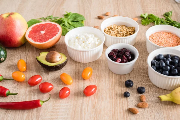 Healthy Food Concept Cottage Cheese Fruits Vegetables Leaf Vegetables Berries — Stock Photo, Image