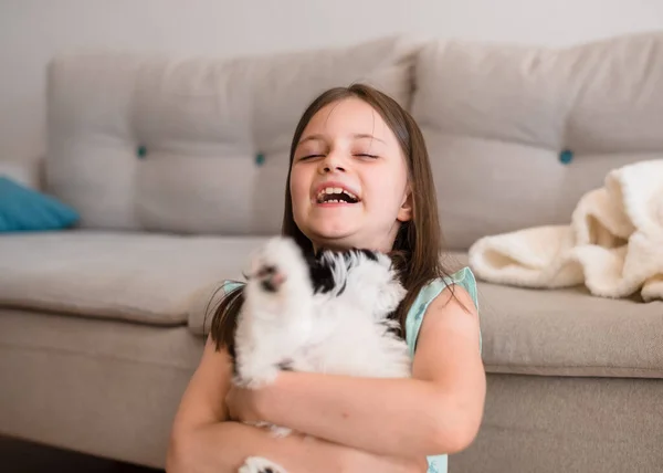 Child with dog at home. Little girl plays with a dog at home. Child and animal.