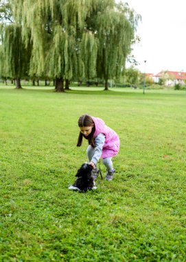 Parkta Shih Tzu köpeği olan 7 yaşında bir kız. Yavru köpeği olan çocuk. Yakın plan.