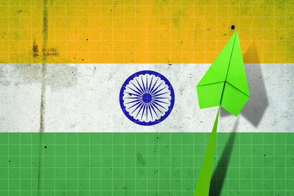 Freccia Verso Alto Sullo Sfondo Della Bandiera Dell India Aereo — Foto Stock
