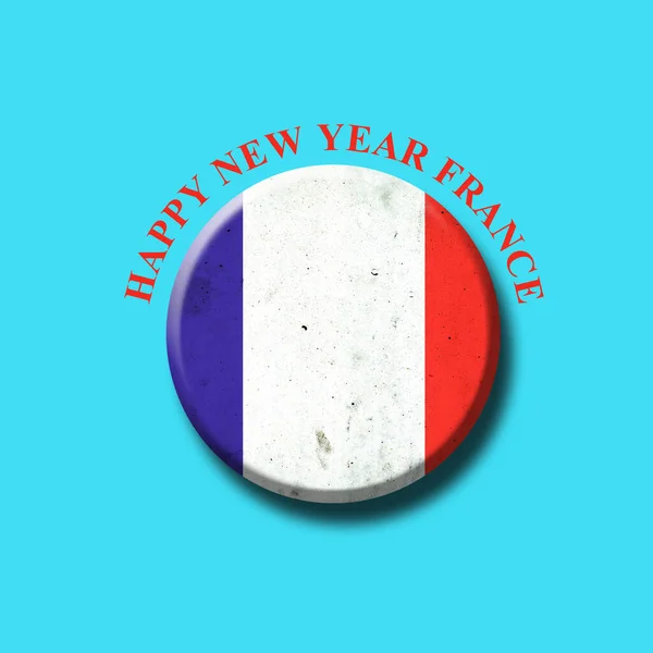 Ευτυχισμένο Νέο Έτος Γαλλίας Σημαία Γαλλίας Στρογγυλό Σήμα Γαλάζιο Φόντο — Φωτογραφία Αρχείου