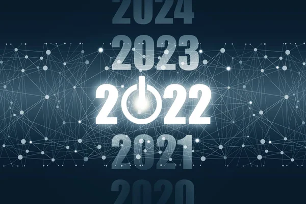 2020, 2021, 2022, 2023, 2024 neon gloeiende getallen op donkere achtergrond. Internet netwerk. Vermogen knop. Nieuwjaarsspandoek. Het concept van de start van de nieuwe 2022. — Stockfoto