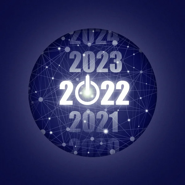 2020, 2021, 2022, 2023, 2024 números brilhantes de néon no fundo digital escuro. Botão de energia. O conceito do início do novo 2022. Espaço de cópia. — Fotografia de Stock