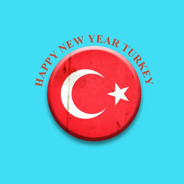Feliz Año Nuevo Turquía. Bandera de Turquía, placa redonda sobre fondo azul claro. Ilustración aislada.3D. —  Fotos de Stock