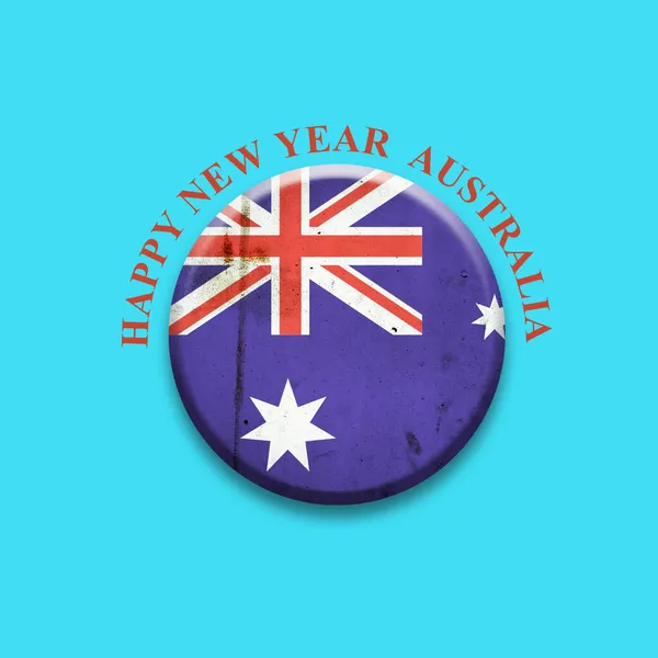 Boldog új évet Ausztráliában. Ausztrál zászló, kerek jelvény világoskék háttérrel. Izolált.3D illusztráció. — Stock Fotó