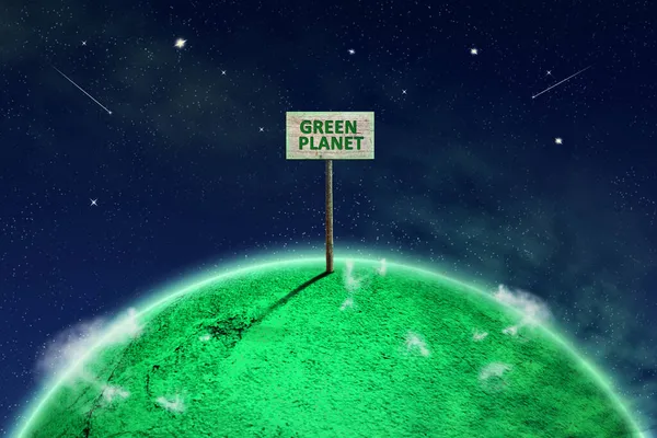 Абстрактна Зелена Планета Космічному Небі Дерев Яним Знаком Слово Зелена — стокове фото