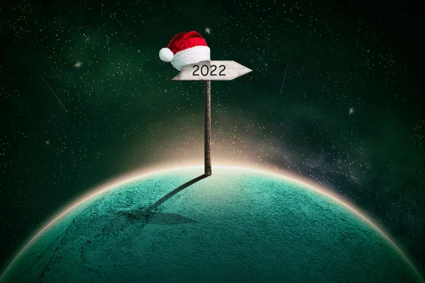 Fundo Natal Abstrato Com Planeta Céu Cósmico 2022 Sinais Madeira — Fotografia de Stock