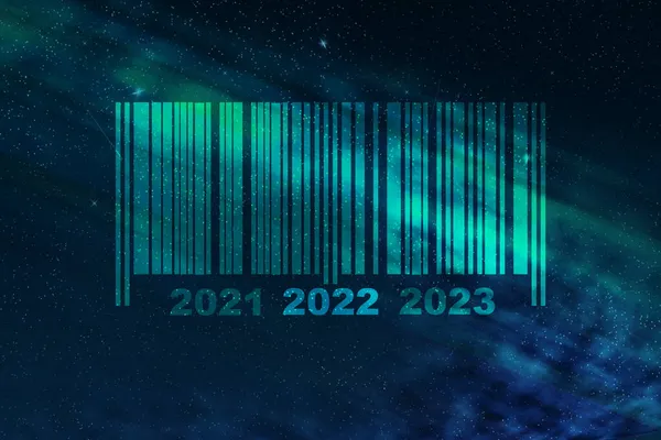 2021 2022 2023 Números Código Barras Céu Estrelado Conceito Para — Fotografia de Stock