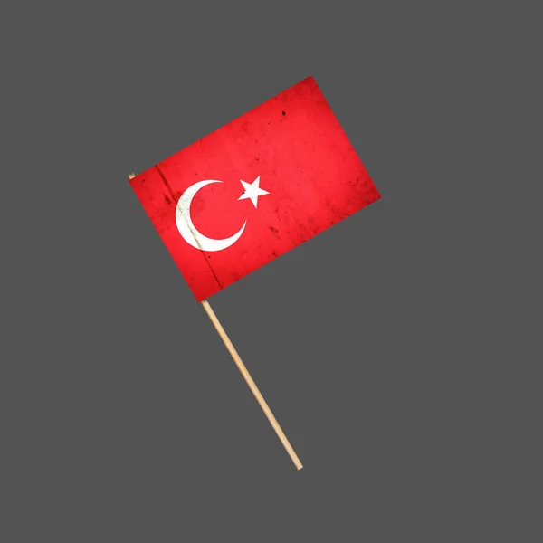 Türkei Grunge Flagge auf einem Stock. Vereinzelt auf grauem Hintergrund. Gestaltungselement. Zeichen und Symbole. — Stockfoto