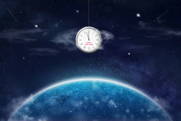 Abstrakter Weihnachtshintergrund, mit einem Planeten am kosmischen Himmel und einer Uhr mit Pfeilen um 12 oclock. 3D-Illustration. Abstrakter festlicher Hintergrund. — Stockfoto