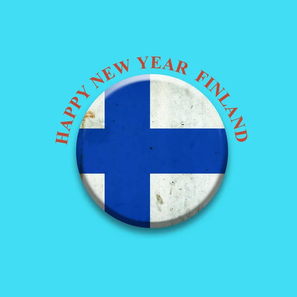Gelukkig Nieuwjaar Finland. Finse vlag, ronde badge op een lichtblauwe achtergrond. Geïsoleerd.3D illustratie. — Stockfoto