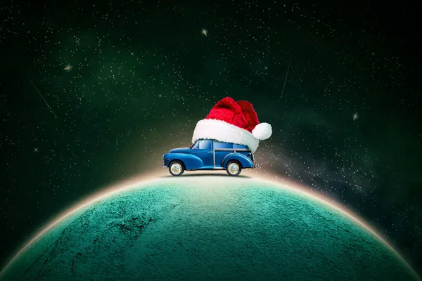 Абстрактне Різдвяне Тло Планетою Космічному Небі Ретро Машиною Капелюсі Санта — стокове фото