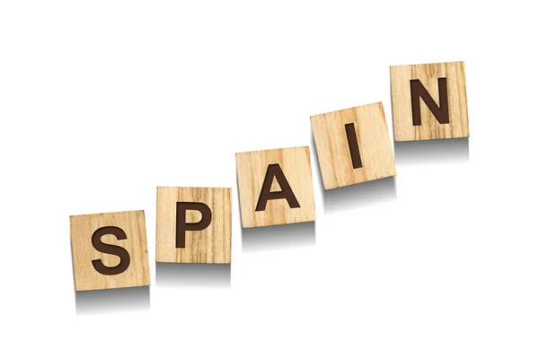Ισπανία Λέξη Για Ξύλινα Μπλοκ Απομονωμένο Λευκό Φόντο Σημεία Και — Φωτογραφία Αρχείου