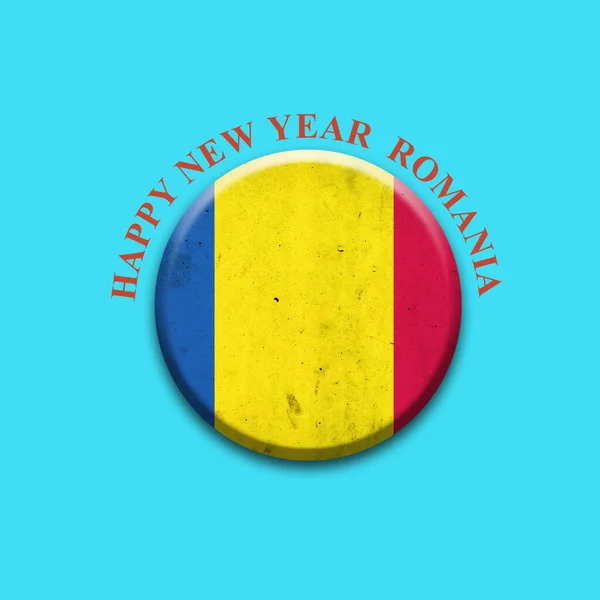 Szczęśliwego Nowego Roku Rumunia Flaga Rumunii Okrągła Odznaka Jasnoniebieskim Tle — Zdjęcie stockowe
