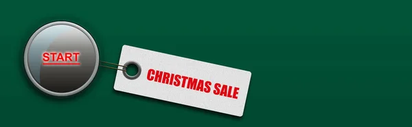 クリスマスセール タグの単語と スタート ボタンが緑色の背景に表示されます 販売開始の概念 お祭り騒ぎだ コピースペース テキストの場所 休日だ 仕事だ — ストック写真