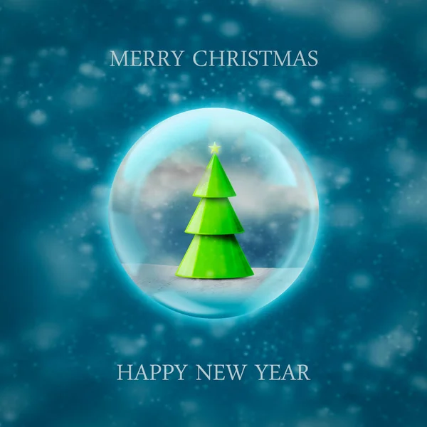 ツリーと雪で魔法のクリスマスボール ダークブルーの背景 3Dイラスト 年賀状 クリスマスイラスト クリスマスの背景 祭りの背景 — ストック写真