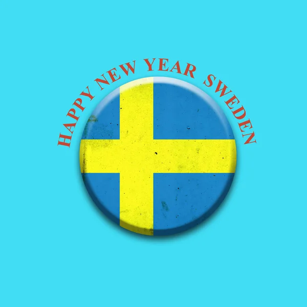 Szczęśliwego Nowego Roku Szwecja Flaga Szwecji Okrągła Odznaka Jasnoniebieskim Tle — Zdjęcie stockowe