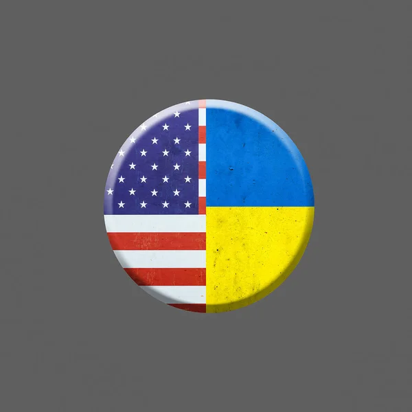 Vlajky Ameriky a Ukrajiny, kulatá ikona. Izolovaný na šedém pozadí. Mezinárodní politické vztahy. Společenství. Podpora. Politické ekonomické zázemí. — Stock fotografie