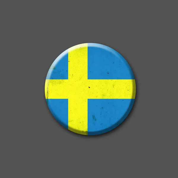 Flaga Szwecji. Okrągła odznaka. Odizolowany na szarym tle. Ilustracja 3D. Znaki i symbole. — Zdjęcie stockowe