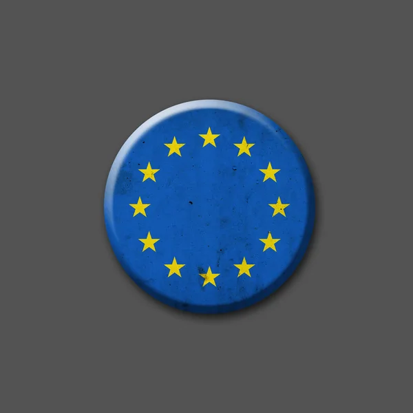 Bandera de la Unión Europea. Placa redonda. Aislado sobre un fondo gris. Ilustración 3D. Signos y símbolos. —  Fotos de Stock