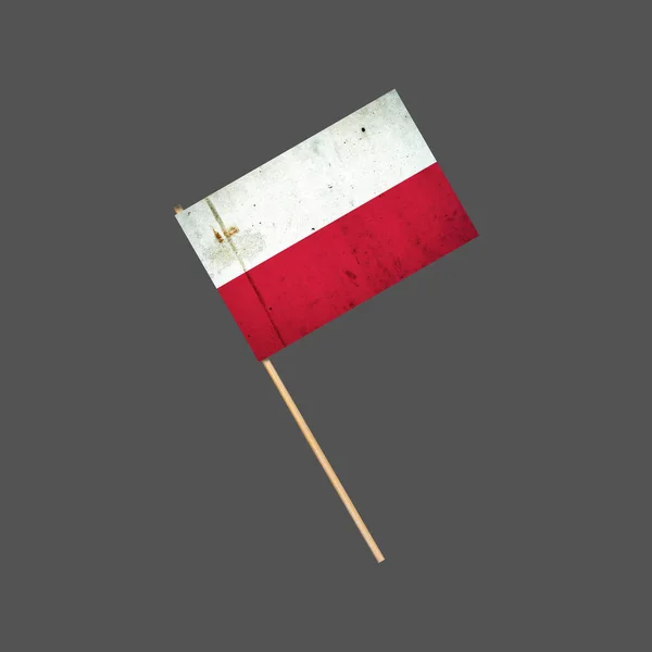 Polska flaga grunge na patyku. Odizolowany na szarym tle. Element projektu. Znaki i symbole. — Zdjęcie stockowe