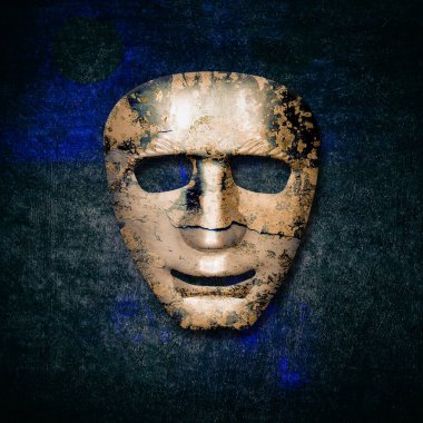 Grunge arka planında eski bir tiyatro maskesi. Üç boyutlu illüstrasyon. Duygular. Tiyatro.