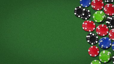 Yeşil masada poker fişleri. Üst Manzara. Uzayı kopyala. Kumar konsepti. Arkaplan.