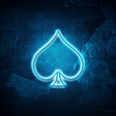 Maça, neon ikon, takım elbise ve grunge blue background. Poker. Black Jack. Kumar Geçmişi