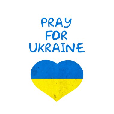 Ukrayna için dua et. Ukrayna bayrağı, kalp şeklinde. Beyaz arka planda izole edilmiş. Dünya. Dışarıya Aktar.