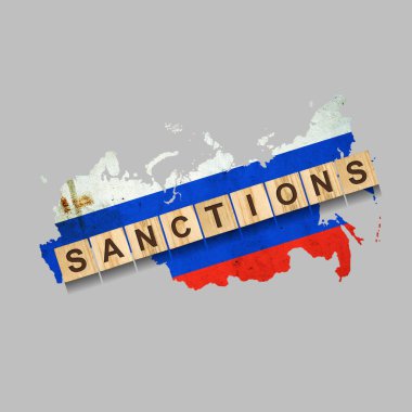 Yaptırımlar. Tahta bloklar hakkında söylentiler. Rusya haritasının arka planına karşı. Gri bir arka planda izole edilmiş. İş için. Siyaset. Ekonomi