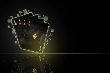 Dört papaz, siyah arka planda grunge kartları. Yansıma. Uzayı kopyala Poker geçmişi. İskambil kağıtları. Kumar..