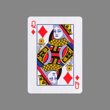 Karo kızı. Gri bir arka planda izole edilmiş. Kumar. Kağıt oynuyorum. Kartlar.