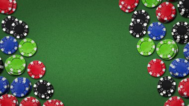 Yeşil masada poker fişleri. Üst Manzara. Uzayı kopyala. Kumar konsepti. Arkaplan.