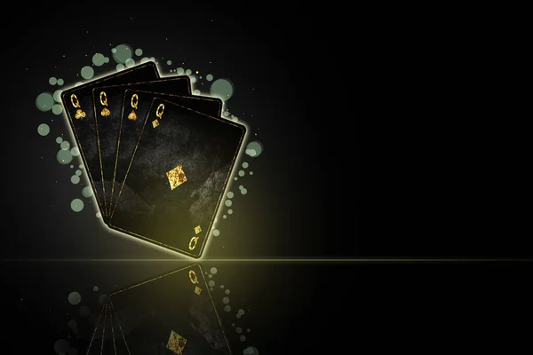 Négy Királynő Grunge Kártyák Fekete Háttérben Tükröződés Fénymásolási Tér Póker — Stock Fotó