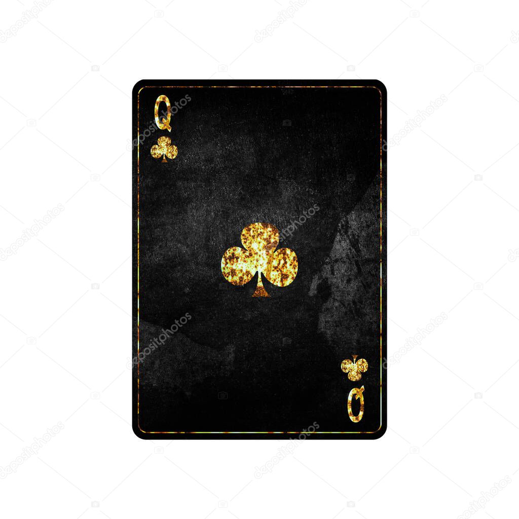 Queen of clubs, grunge card isolated on white background. Playing cards. Design element. Gambling.