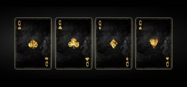 Dört Kraliçe, siyah arka planda grunge kartları. Poker geçmişi. İskambil kağıtları. Kumar..
