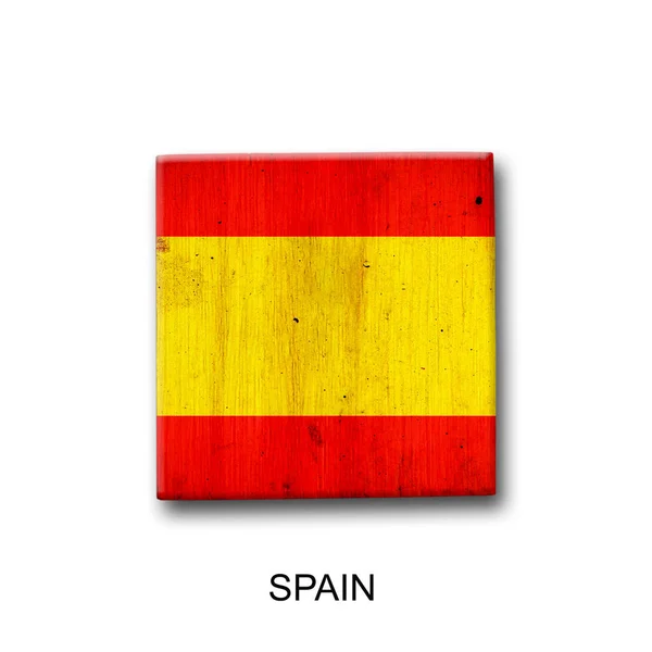 Flaga Hiszpanii Drewnianym Bloku Odizolowany Białym Tle Znaki Symbole Załącznik — Zdjęcie stockowe