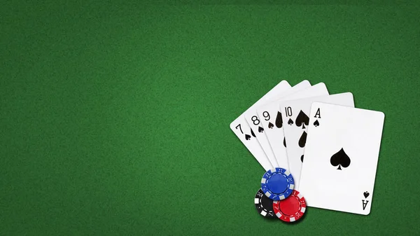Playing Cards Poker Chips Green Background Flush Combination Copy Space — Stock Photo, Image